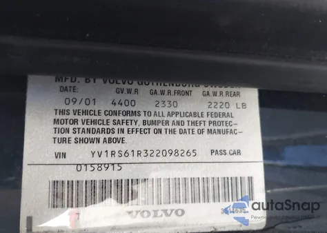 2002 Volvo S60 2.4 из США, поврежденный, VIN YV1RS61R322098265